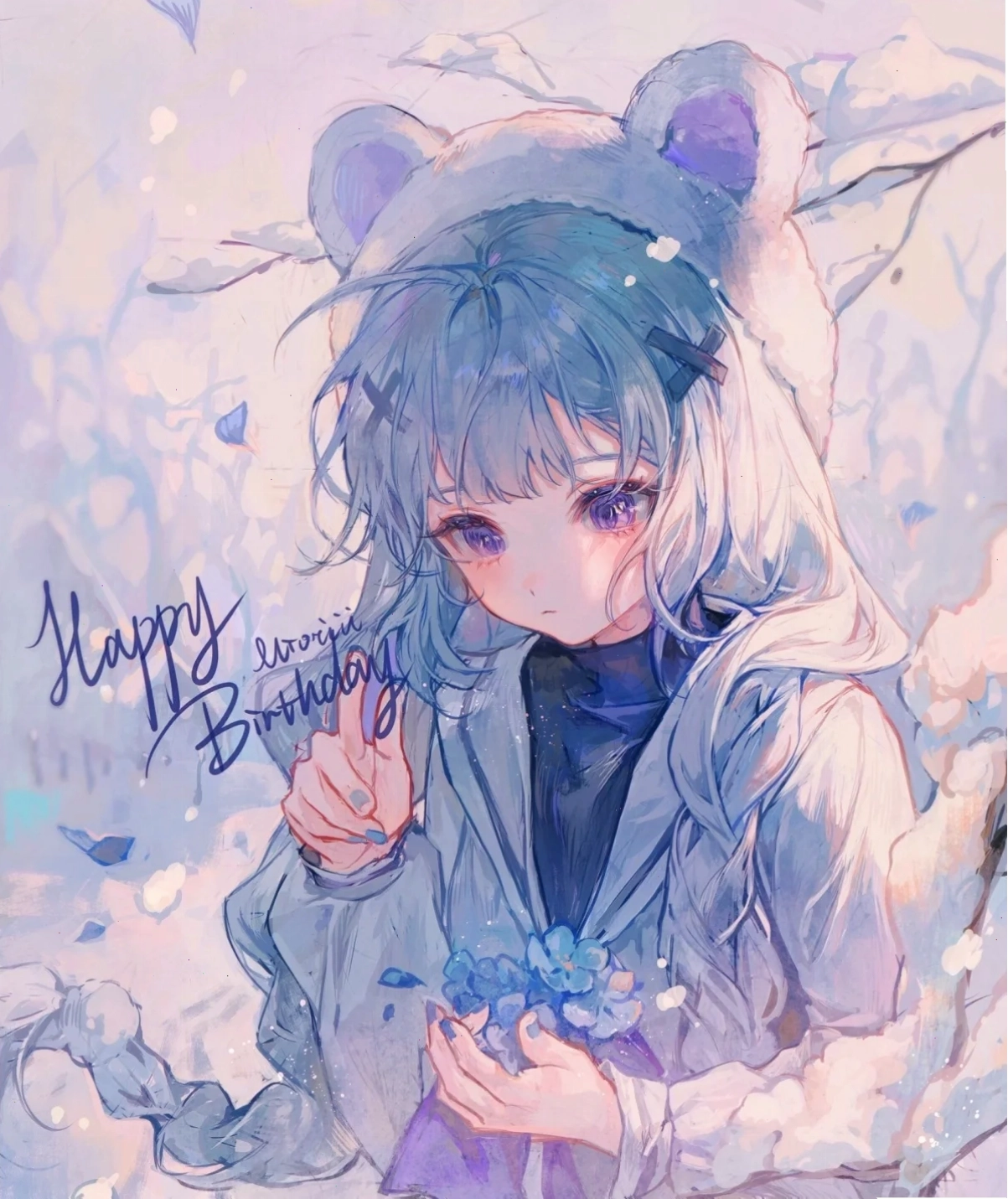 ảnh anime girl tóc xanh dương dịu dàng bên khung cửa sổ