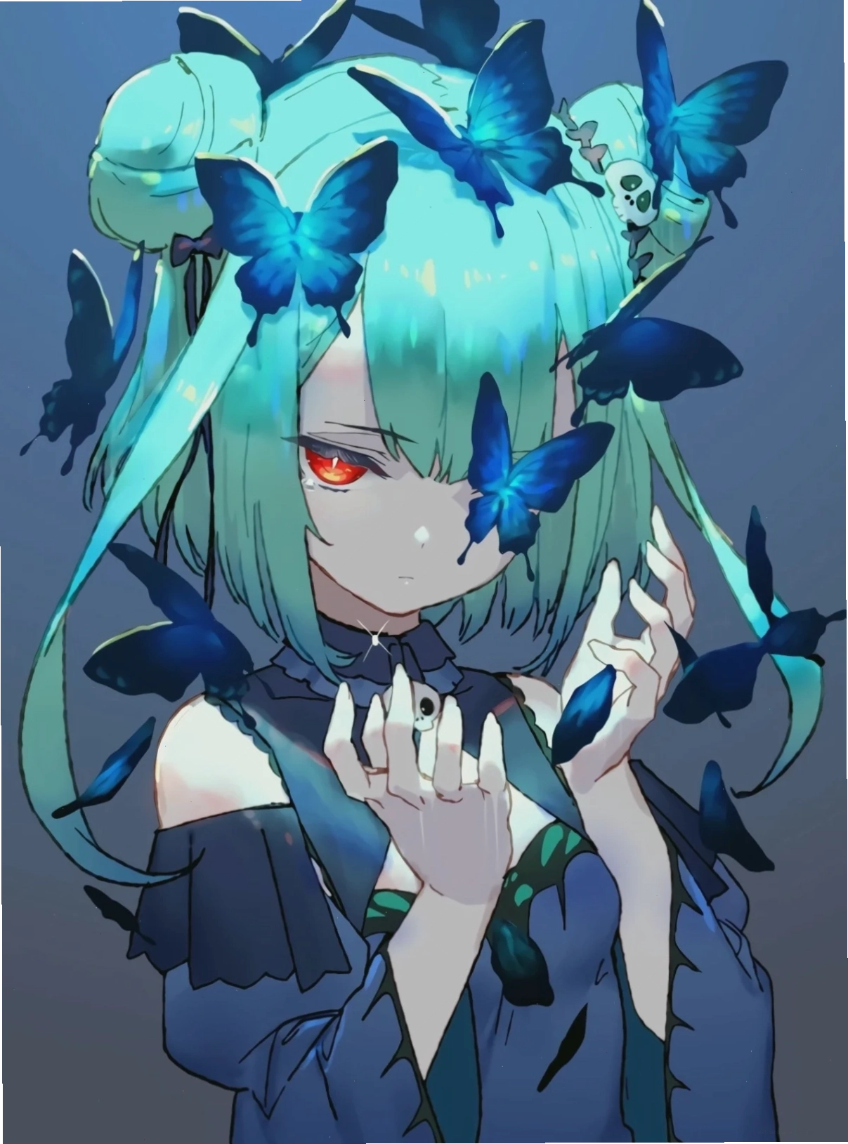 ảnh anime girl tóc xanh dương dịu dàng với ánh mắt xa xăm